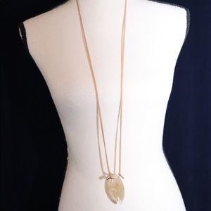 Long Tan Suede/Leather Necklace with Stone Pendant